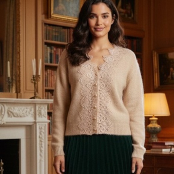 REVOLVE Sweaters - NWT House Of Harlow Elegant Beige Lace Trim Sweater Cardigan